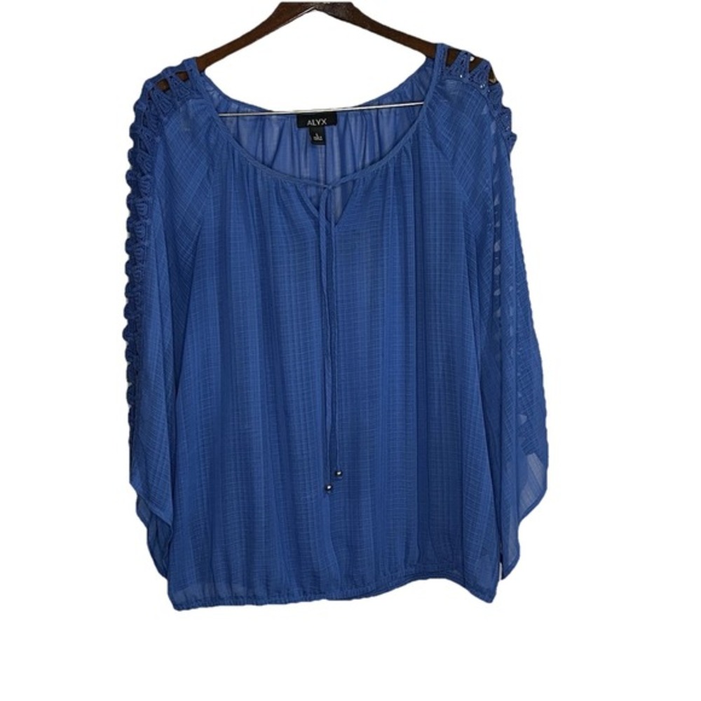 Alyx Peasant Blouse Size Large‎ Blue Sheer Flowy Crochet Trim Quarter Sleeves